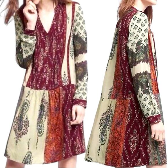 Anthropologie Tiny Gwen Patchwork & Lace Boho Multicolor Print Shirtdress Medium - Picture 1 of 4